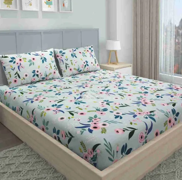 SEA_GREEN_220_TC_Cotton_Elastic_Fitted_King/Queen_Size_Bedsheets_With_2_Pillow_Covers